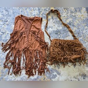 Fringed Brown Faux Leather /Suede Vest And Shoulder Bag